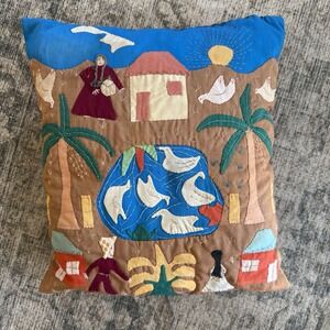 Peruvian Hand Stitched Folk Art Pillow VTG Geese Palm Trees Farm Unique